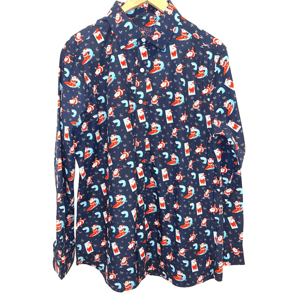 Simon Banks Men's Christmas Santa Surfing Novelty Shirt Navy Size Large 16.5 EUC